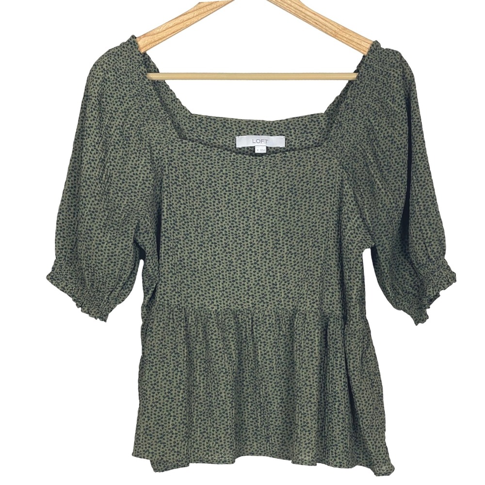 LOFT Women Green Leopard Peplum Medium Puff Sleeve Square Neck Animal Print Top - Picture 8 of 11